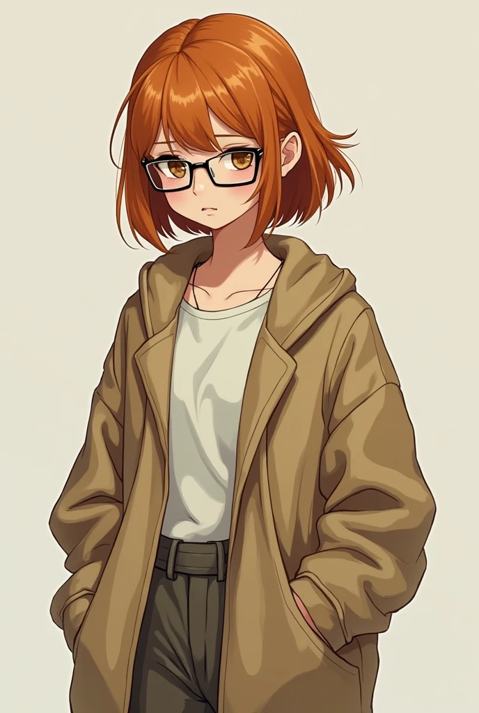 Girl with amber mullet haircut with square glasses with loose long pants and oversized jacket and sleepy eyes