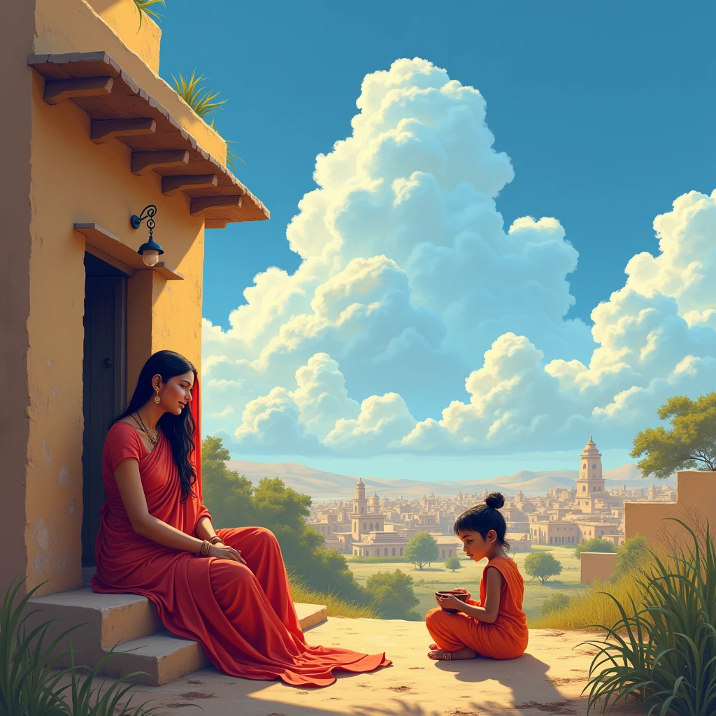 Create an image that there are blue clouds in the sky, there is a big village, there is a woman sitting near the door of a house, who is wearing Rajasthani Lugdi, there is a child with a bowl in his hand, who is very beautiful, his head is But he has a tilak and a small Rudraksha rosary in his hand and also has some parts of his body. You are wearing light saffron clothes