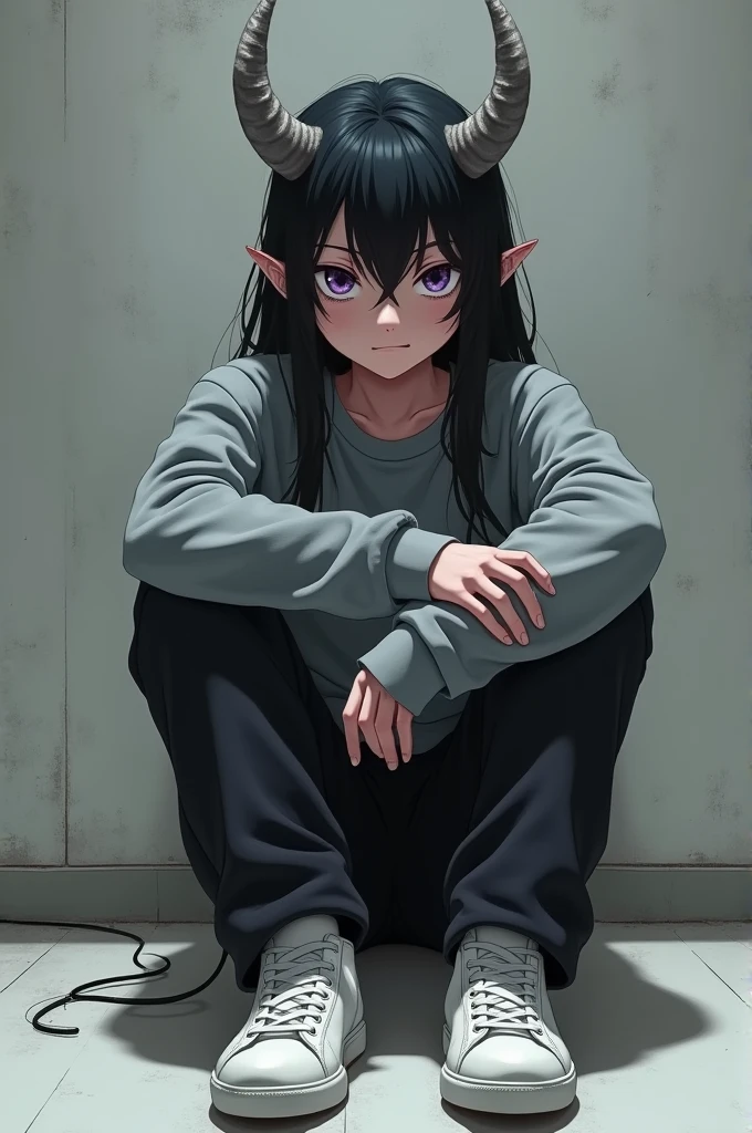 manga style,  gray-horned, Bblack hair, gray sweatshirt, purples eyes, black pants and white sneakers