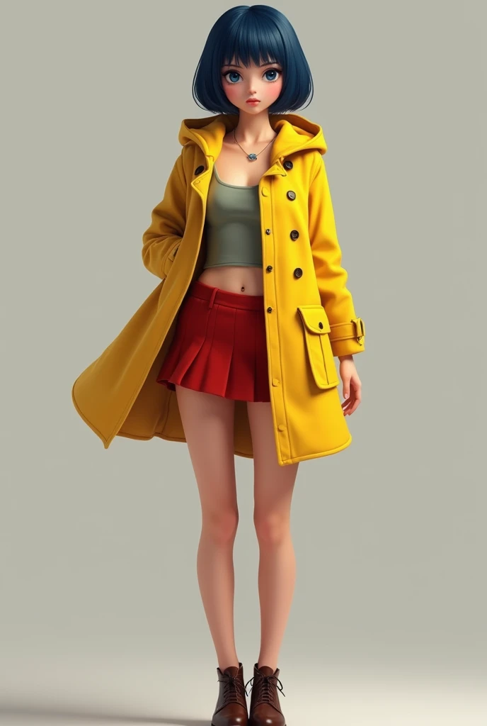 ultra mini skirt showing the buttocks ,realistic style, 4k, best quality, 18 yaer old girl, blue eyes, european face type, triangle body type, wearing yellow coat with hood backwards and a red ultra mini skirt , wearing brown leather women's shoes, dark blue hair with straight bangs and short haircut, realistic, 4k, best quality