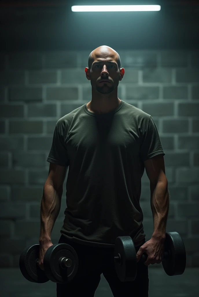 bodybuilder man, 30 years old, Scrawny, shaven hair, super loose t-shirt, in a dark gym, holding dumbbells, with spotlights on the ceiling, concrete block walls, photoshotrealisitic, photoshot, work of art, realisitic, 真实感, photoshot真实感, hight contrast, photoshotrealisitic digital art trending on Artstation 8k HD high definition detailded realisitic, detailded, texture skin, hyper detailded, realisitic texture skin, armour, best qualityer, ultra high resolution, (photoshotrealisitic:1.4),, high resolution, detailded, raw photoshot, re sharp, by lee jeffries nikon d850 film stock photoshotgraph 4 kodak portra 400 camera f1.6 lens rich colors hyper realisitic lifelike texture dramatic lighting unrealengine trending on artstation cinestill 800,