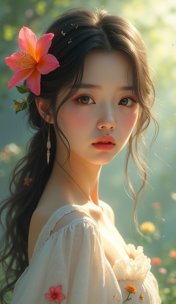 1girl in, Solo, masutepiece, High quality, Upper body, Charayesha, Looking at Viewer, Aisha Altuglu, flower, hair flower, Background,