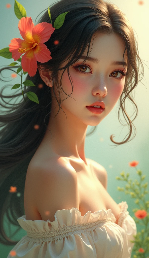 1girl in, Solo, masutepiece, High quality, Upper body, Charayesha, Looking at Viewer, Aisha Altuglu, flower, hair flower,  Background,