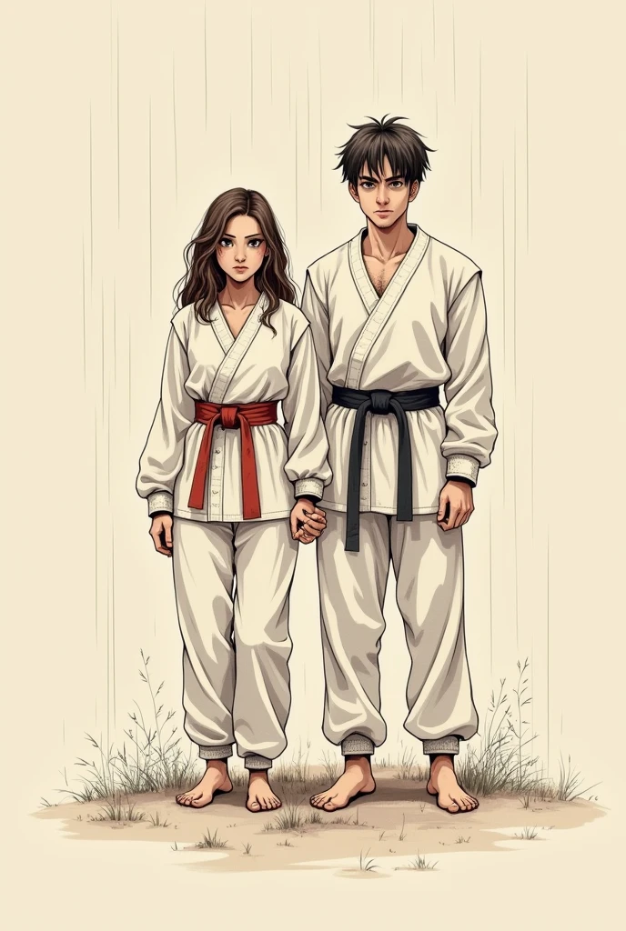 Create a drawing , minimalistic , Simpler , of a couple under the rain , the woman with brown hair, medium wavy, both are martial arts fighters and are characterized , to be used in a tattoo