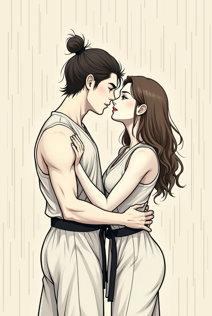 Create a drawing , minimalistic , Simpler , of a couple under the rain , the woman with brown hair, medium wavy, both are martial arts fighters and are characterized , to be used in a tattoo