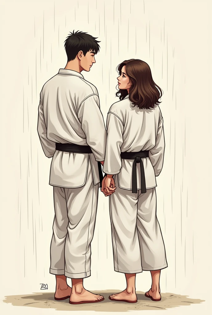 Create a drawing , minimalistic , Simpler , of a couple under the rain , the woman with brown hair, medium wavy, both are martial arts fighters and are characterized , to be used in a tattoo