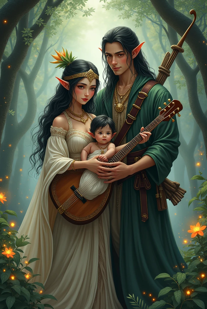 Image of a bard mother and an elf hunter father with a black-haired, gray-eyed elf baby. Magical era. Semi-realistic, almost anime style.