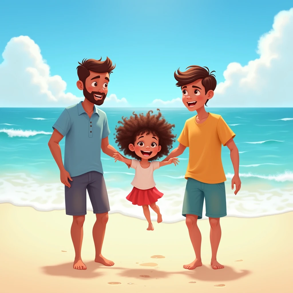 A beach. crystalline waters. In the foreground a girl with two men holding hands. The style of the image Pixar cartoons. The age of the girl is one . The characters in front. The girl has curly hair.