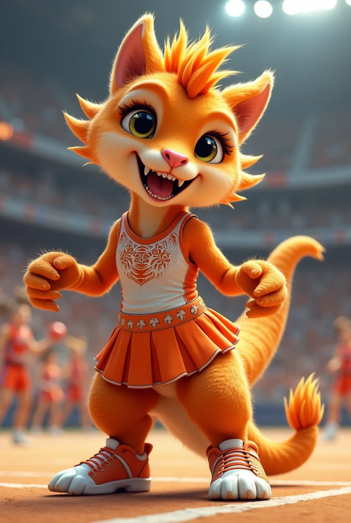 make a furry dinosaur cheerleading costume from those basketball team cheerleaders, but make this one volleyball, and the cute orange color that looks like fantasy