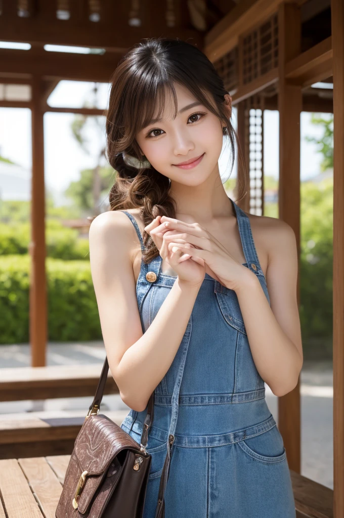 (8k, RAW photo, best quality, masterpiece:1.2), (realistic, photo-realistic:1.4), ultra-detailed, perfect anatomy, perfect limbs, perfect hand, depth of field, POV, cowboy shot, cute japanese model pictures, Beautiful Face, in a summer park, ((One woman)), woman at 30 years old,(brown eyes), (dark blonde loosely curled hair.), She is looking at this way, smiling, She has blunt artificial nails, She is standing shyly in front of the bench, facing me., BREAK, (Ultra micro mini one-piece),