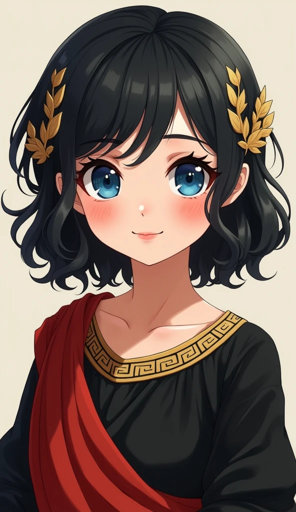 (high-quality, breathtaking),(expressive eyes, perfect face) portrait, 1girl, girl, solo, young kid, child, black hair, blue coloured eyes, stylised hair, gentle smile, medium length hair, loose hair, side bangs, curley hair, really spiky hair, spiked up hair, stylized hair, looking at viewer, portrait, ancient greek clothes, black long sleeved tunic gold trim around collar edges and down middle, greek, red and gold sash, simple background, laurel accessory, slightly narrow eyes, baby face, , happy expression, clothes similar to Hypnos Saint Seiya