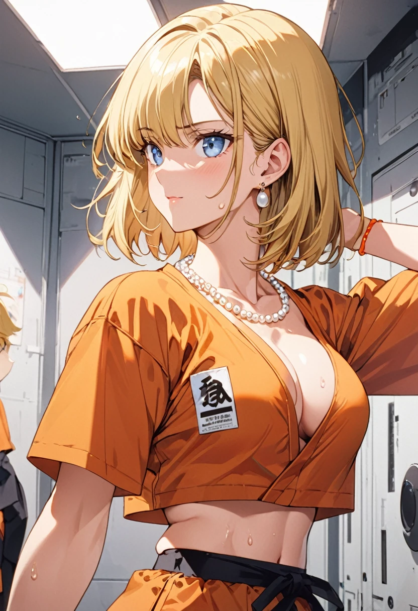 masterpiece, Highest quality, High resolution, (Artificial Human Room No. 18),1990s \(style\),(E-cup beautiful breasts)、height: 170cm,Sweating all over the body、Muscular、((sexy))、(Browsing Caution),独奏,Anime-style painting style, Blonde, blue eyes, Orange karate uniform,Pearl_necklace, bracelet, short hair, Earrings,Composition focusing on the upper body,Looking back pose,(Cool face)、(Pointed Eyes)