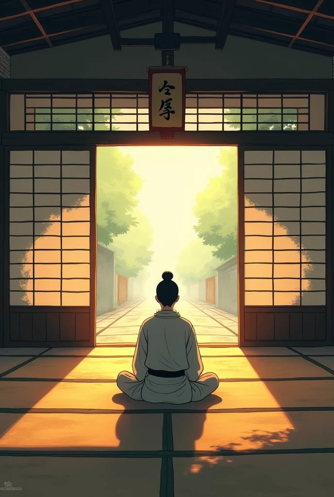 Ghibli style japanese dojo , picture from the inside of dojo