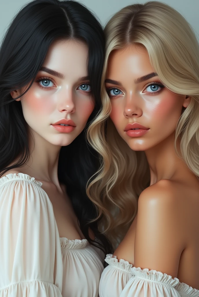 Make two twin women, one with white skin and black hair, blue eyes with a mole on her face and the other with wavy blond hair, white but tanned skin and blue eyes. 