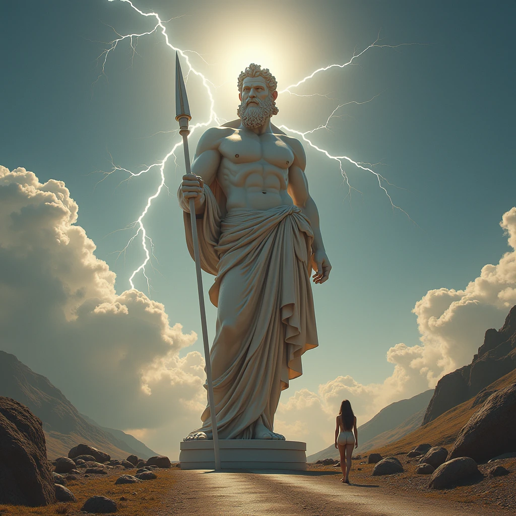 ((work of art)),(best qualityer)),greek style,in the universe,A huge statue of the God Ares stands in space,Lightning in the sky, Sunnyday, Look to the camera,Ares standing,Ares holding the spear with his right hand, glimmering,glow effect, fully naked woman with big ass showing giant breasts on the road,Hyper-Realism,hyperphotorealism,real photography,8k,High definition,high qualiy,work of art,very well, (((offwhite))),Discoloration,blurring,inking,8k,very well,high qualiy,(((oc renderer)))
