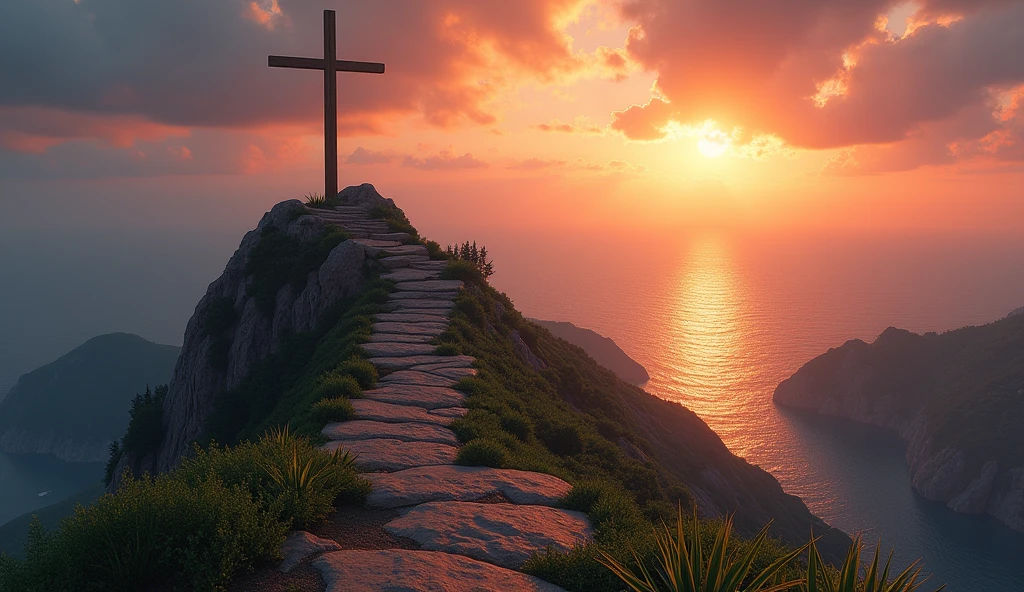 A mountain with a path leading to a cross, with a sunset and a huge sea in the background