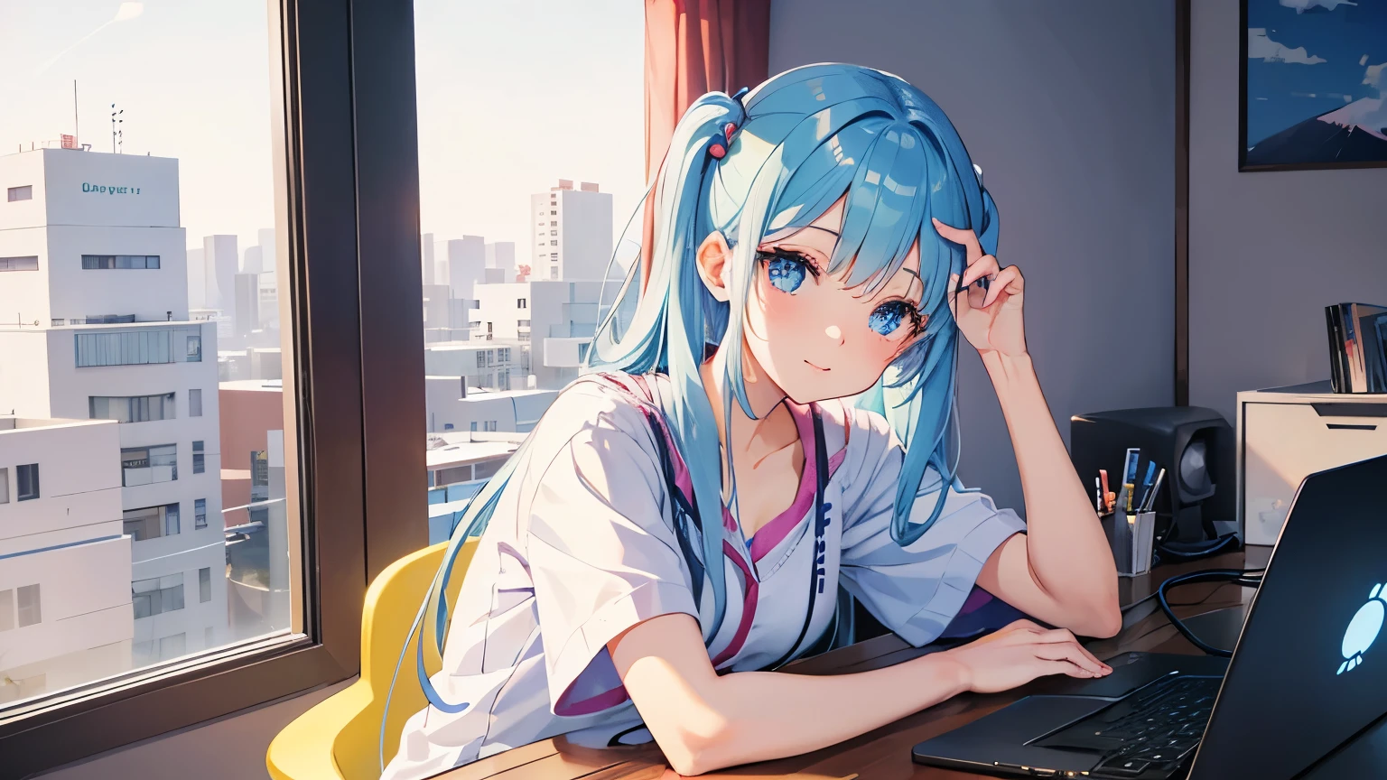 Beautiful girl working on a computer in her room happiness Japanese anime style Outside the room it's summer