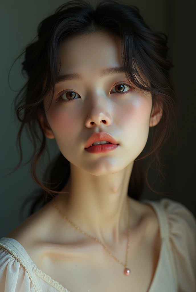 (from side), small breasts, sideboob, (flat chest), (drooling), (wet), (expressionless), (tears), looking_at_viewer,  fashion trendy beautiful beautiful beautiful girl, gentle and attractive Chinese beautiful girl, , delicate and sexy collarbone, Attractive oval face, double eyelids, smart peach blossom eyes, pink lips, small nose, bare shoulders, focus on the face, chest close-up, ultra high definition, super detail, fresh and impressive