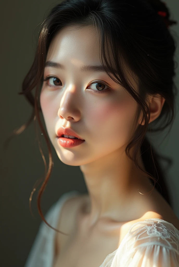 (from side), small breasts, sideboob, (flat chest), (drooling), (wet), (expressionless), (tears), looking_at_viewer, fashion trendy beautiful beautiful beautiful girl, gentle and attractive Chinese beautiful girl, , delicate and sexy collarbone, Attractive oval face, double eyelids, smart peach blossom eyes, pink lips, small nose, bare shoulders, focus on the face, chest close-up, ultra high definition, super detail, fresh and impressive