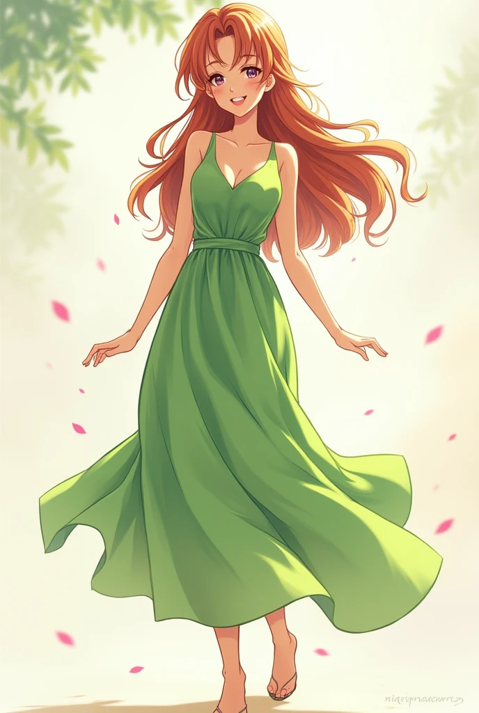 Beautiful anime woman full body cheerful hair and green dress
