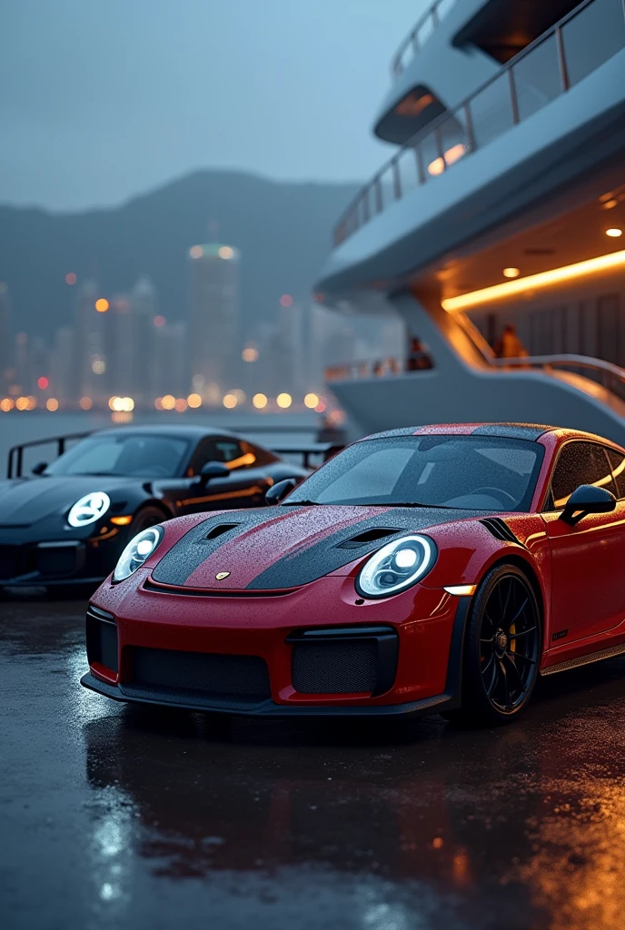 Dodge Challenger and Porsche GT3 RS on a luxury yacht, city in the background blurred, luz outfit, at night, that looks real, without people, facing both, Photo 3/4, with little rain, sin logos