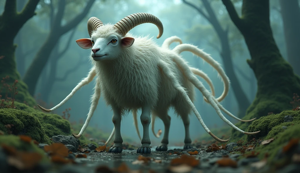 There is a wild beast in the strange forest，Sheep-like appearance，There are no eyes on the head but there are four ears，Its eyes are on its back.，There are nine long tails（best quality，4K，8k，High level，masterpiece：1.2），Ultra Detailed，（lifelike，Photo real，Photo real：1.37）
