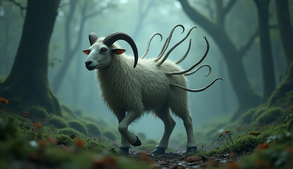 There is a wild beast in the strange forest,Sheep-like appearance,There are no eyes on the head but there are four ears,Its eyes are on its back.,There are nine long tails(best quality,4K,8k,High level,masterpiece:1.2),Ultra Detailed,(lifelike,Photo real,Photo real:1.37)