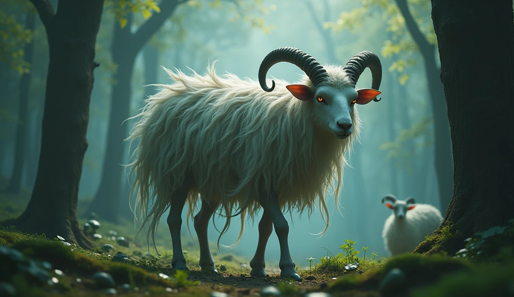 There is a wild beast in the strange forest,Sheep-like appearance,There are no eyes on the head but there are four ears,Its eyes are on its back.,There are nine long tails(best quality,4K,8k,High level,masterpiece:1.2),Ultra Detailed,(lifelike,Photo real,Photo real:1.37)