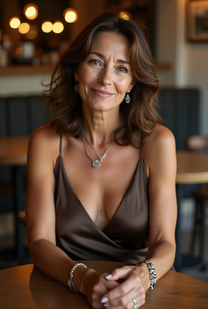 A Brazilian woman with fair skin and long brown hair, 60 years old, sitting in a coffee shop wearing an elegant, plunging neckline dress.
