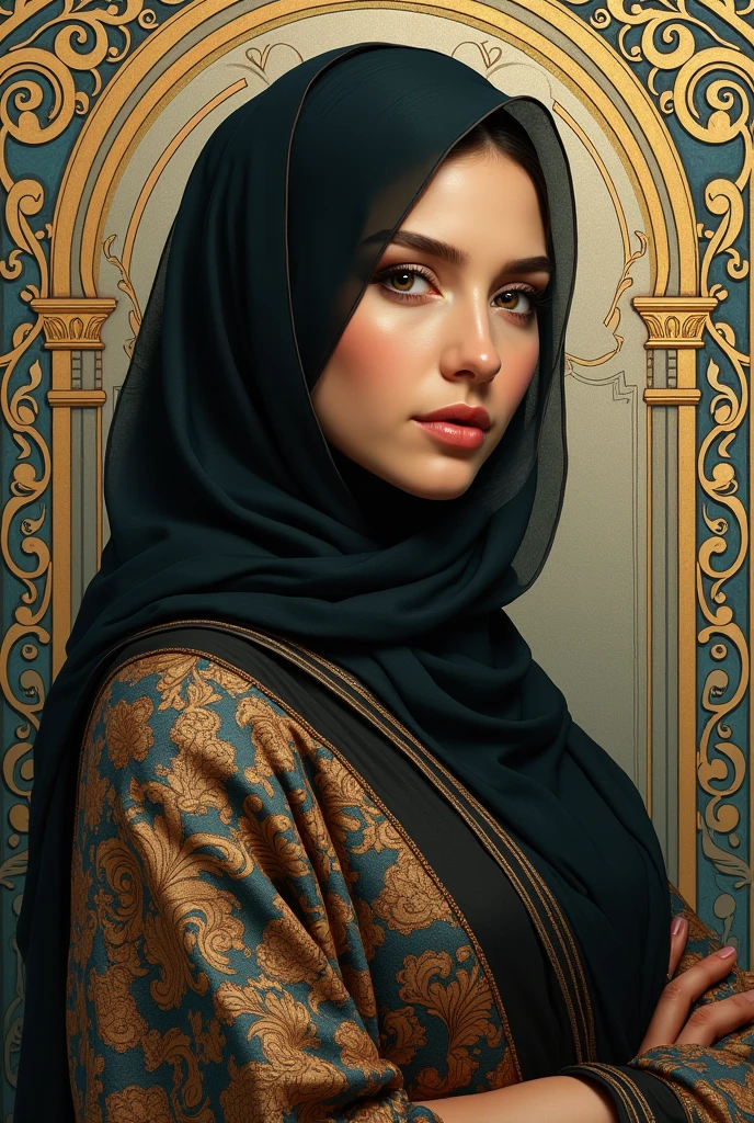 high-quality, super realistic, Imagine a hyper-realistic composition that seamlessly integrates John Singer Sargent's beautiful details with the dreamlike elegance of Alphonse Mucha, creating a portrait of a beautiful woman where realism and Art Nouveau mysticism meet, A striking woman depicted against a background of silvery swirling patterns inspired by Mucha's iconic silvery ornamental design, Hijab-clad woman (full body gemoy professional body shape)) and Wearing a robe that echoes Mucha's romantic style, with intricate patterns seamlessly intertwined with the hyper-realistic details of her outfit, by Yukisakura, very detailed, wearing shoes.