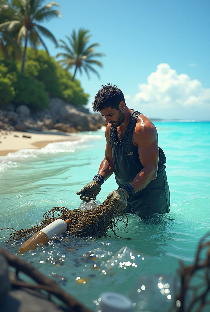 Man picking up trash in the sea 

