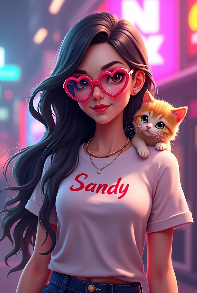 Free Fire game style female character, with long hair and heart shaped glasses, with a kitten on the shoulder, t-shirt with name SANDY written on it  