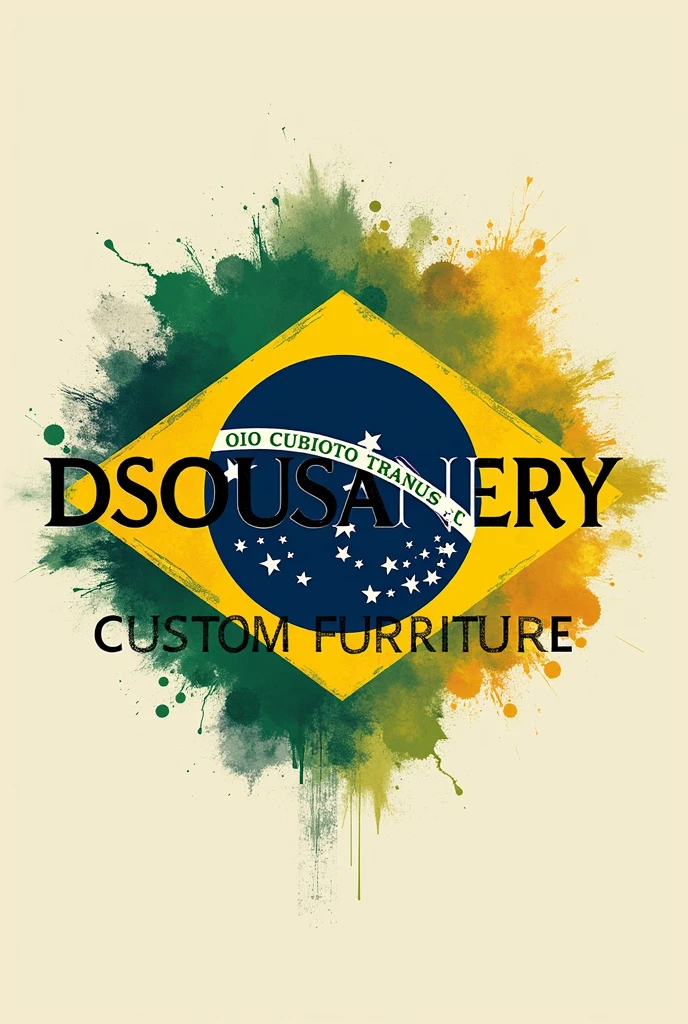 Create an elaborate written logo "DSOUSANERY CUSTOM FURNITURE " IN CAPITAL LETTERS BRAZILIAN PORTUGUESE IN THE COLORS GREEN, YELLOW, BLUE AND WHITE