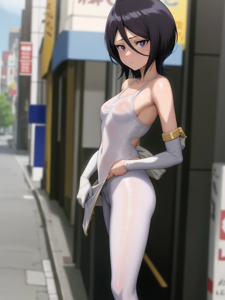 captured anime costume, forst,pathway,
1 girl, standing alone, shorth hair, Bblack hair, purples eyes, Cramped, tight and wet white leggings,She is alone on a street full of shops,tight black panties