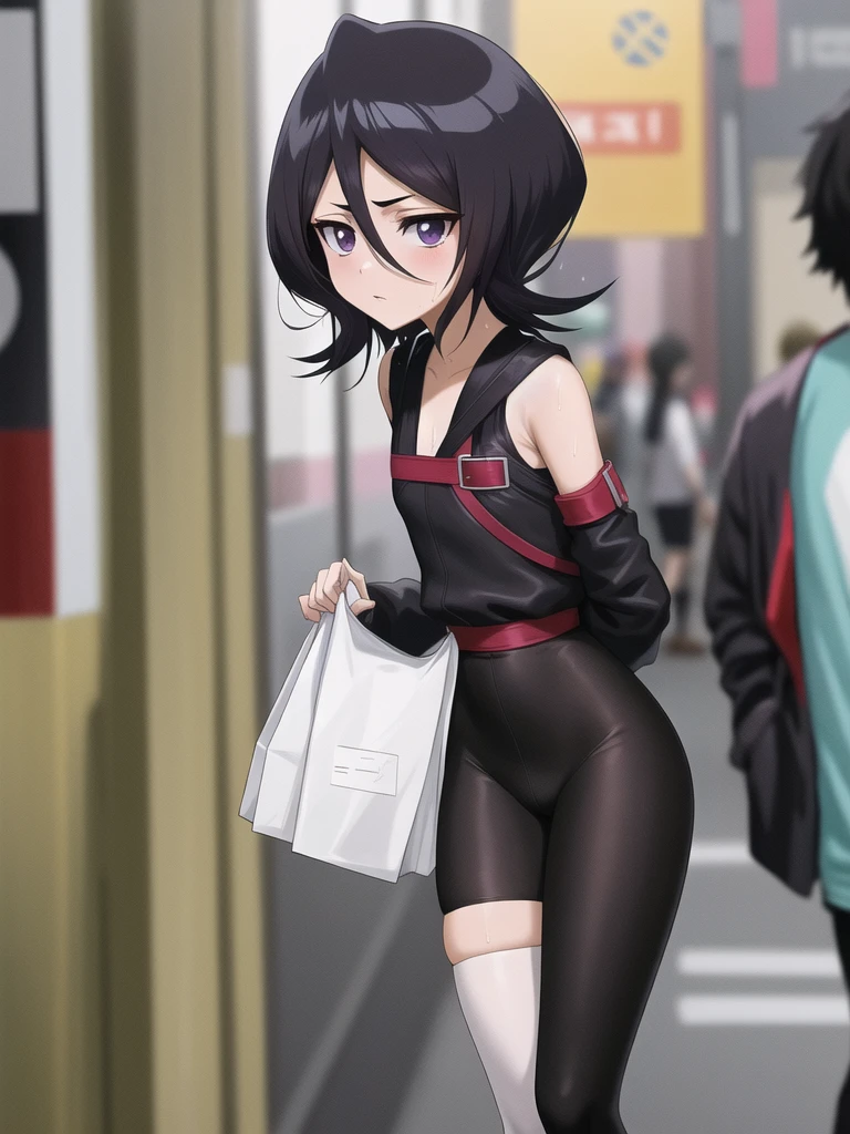 captured anime costume, forst,pathway,
1 girl, standing alone, shorth hair, Bblack hair, purples eyes, Cramped, tight and wet white leggings,She is alone on a street full of shops,tight black panties