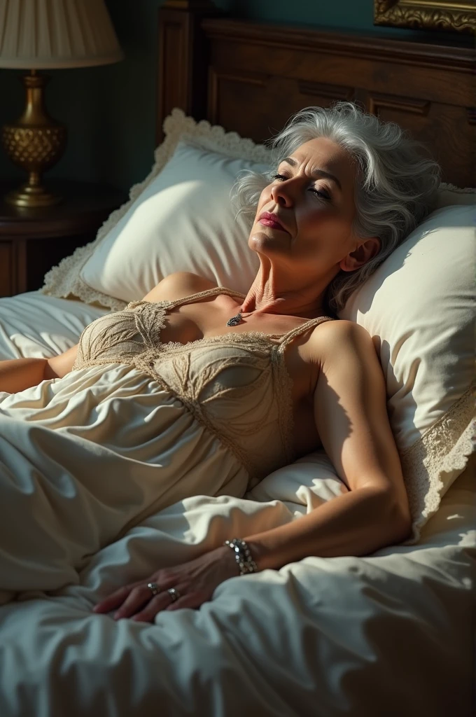 An old lady lying on her back in bed with a great body and big ass