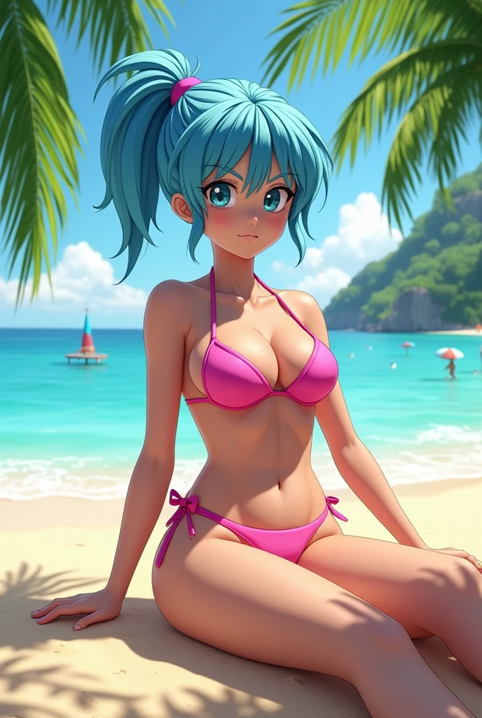 Bulma on the beach in a pink bikini