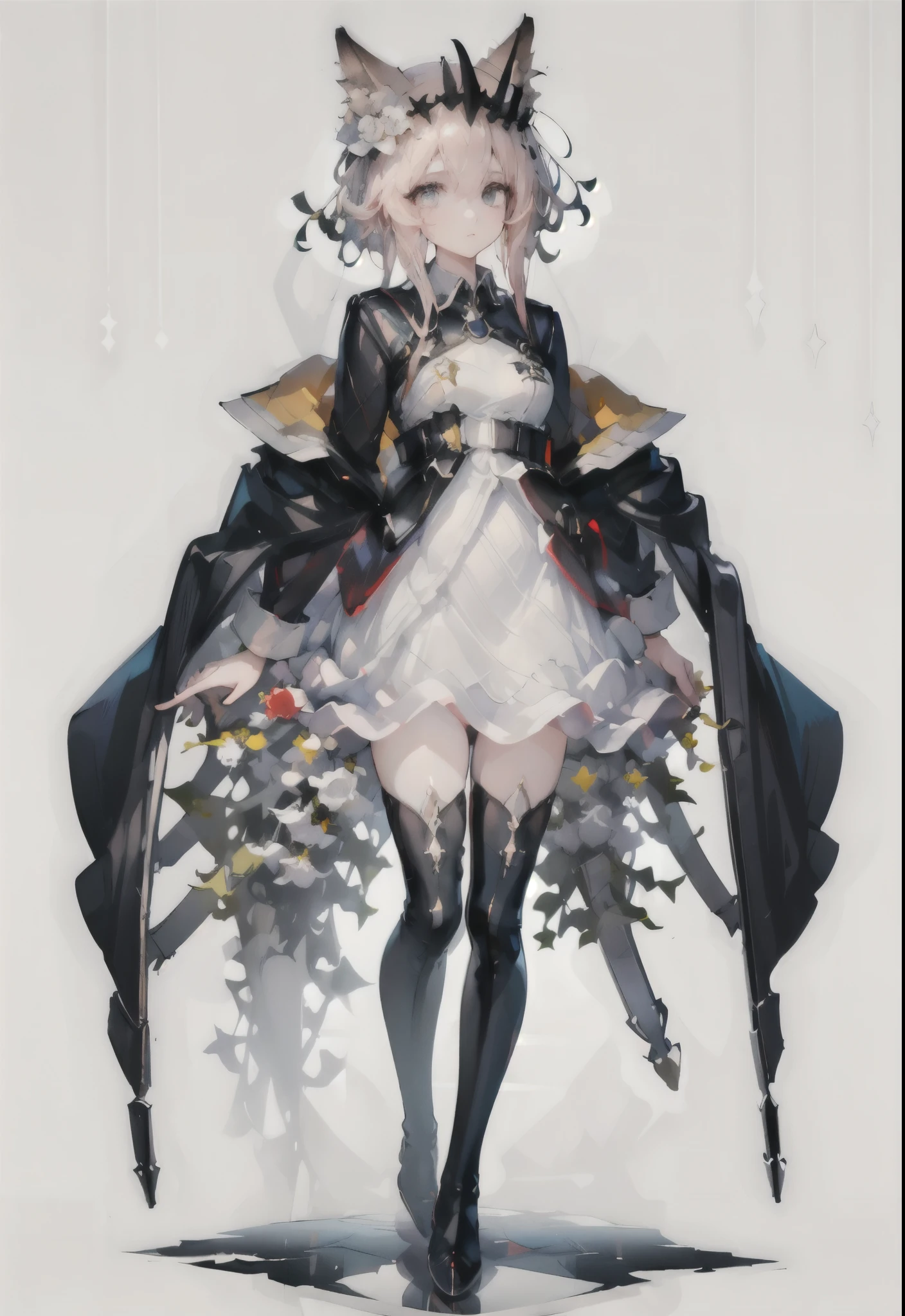 ((masterpiece,best quality)), 1girl, vendela, hair ornament, white dress, open jacket, thigh boots, tail, standing, simple background,
