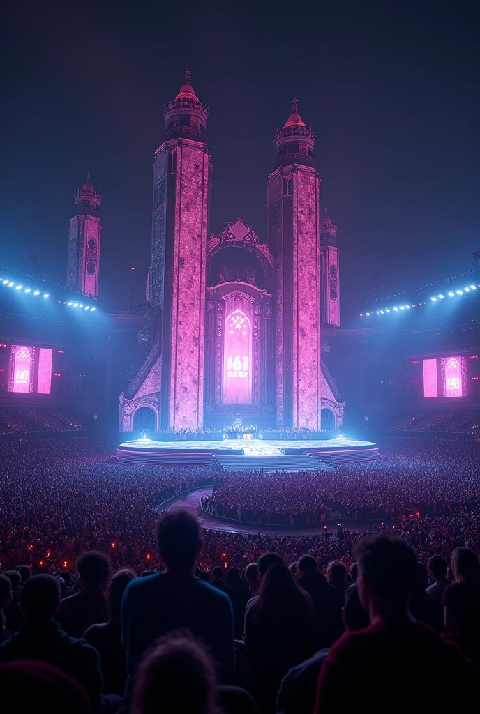 Stage 10 times bigger than Taylor Swift's stage with 1000 lights and 5 screens in a huge stadium.