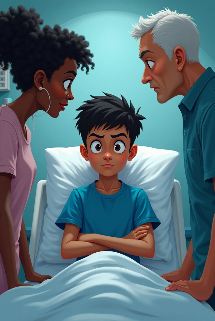 A  boy, Secual is in a hospital bed due to an arm injury, He has a blue shirt with short sleeves, has a rebellious attitude. his mother a dark-skinned woman, high, A man of about 4 stands next to him and scolds him for his bad attitude..