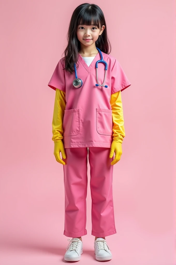 1 girl, ((yellow elbow gloves)), ((surgical gloves)), ((rubber gloves)), ((long sleeves)) ((pink surgeon suit)), I look at the viewer, ((doctor)), standing, One