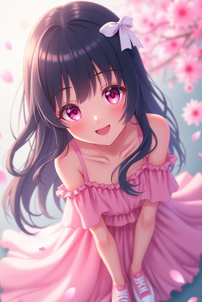 a beautiful girl with black hair with a white bow behind her hair,and she is wearing a beautiful pink outfit,she also wears cute pink sneakers.pink eyes.And she is very excited