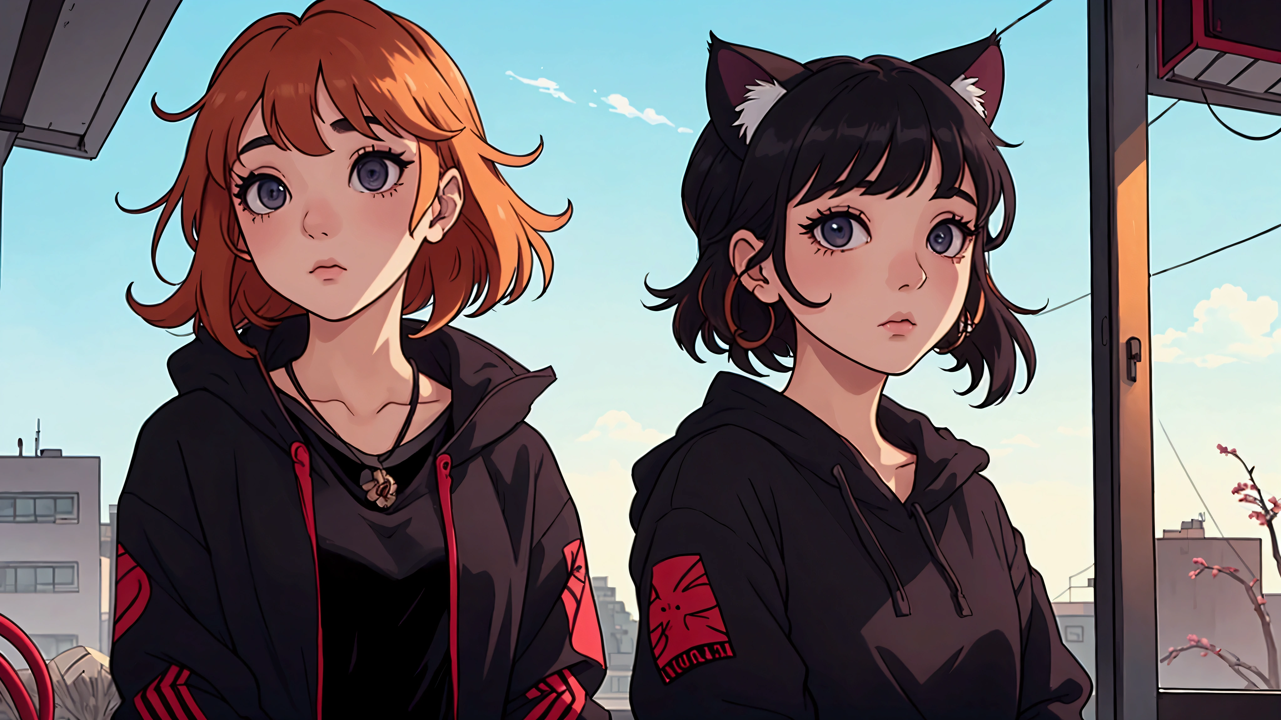 A girl with short black hair and cat ears, wearing dark clothes,with shiny hair with a relaxing atmosphere. 
afternoon day, She is a little further away, with a view of her from the waist up, listening to music, and the detailed and vibrant colors, reflecting an 80s and 90s anime aesthetic, mixed with a touch of Fujifilm aesthetics. The girl has beautiful eyes, and the entire composition is in 4K, capturing the lofi aesthetic with a soft and tranquil atmosphere.