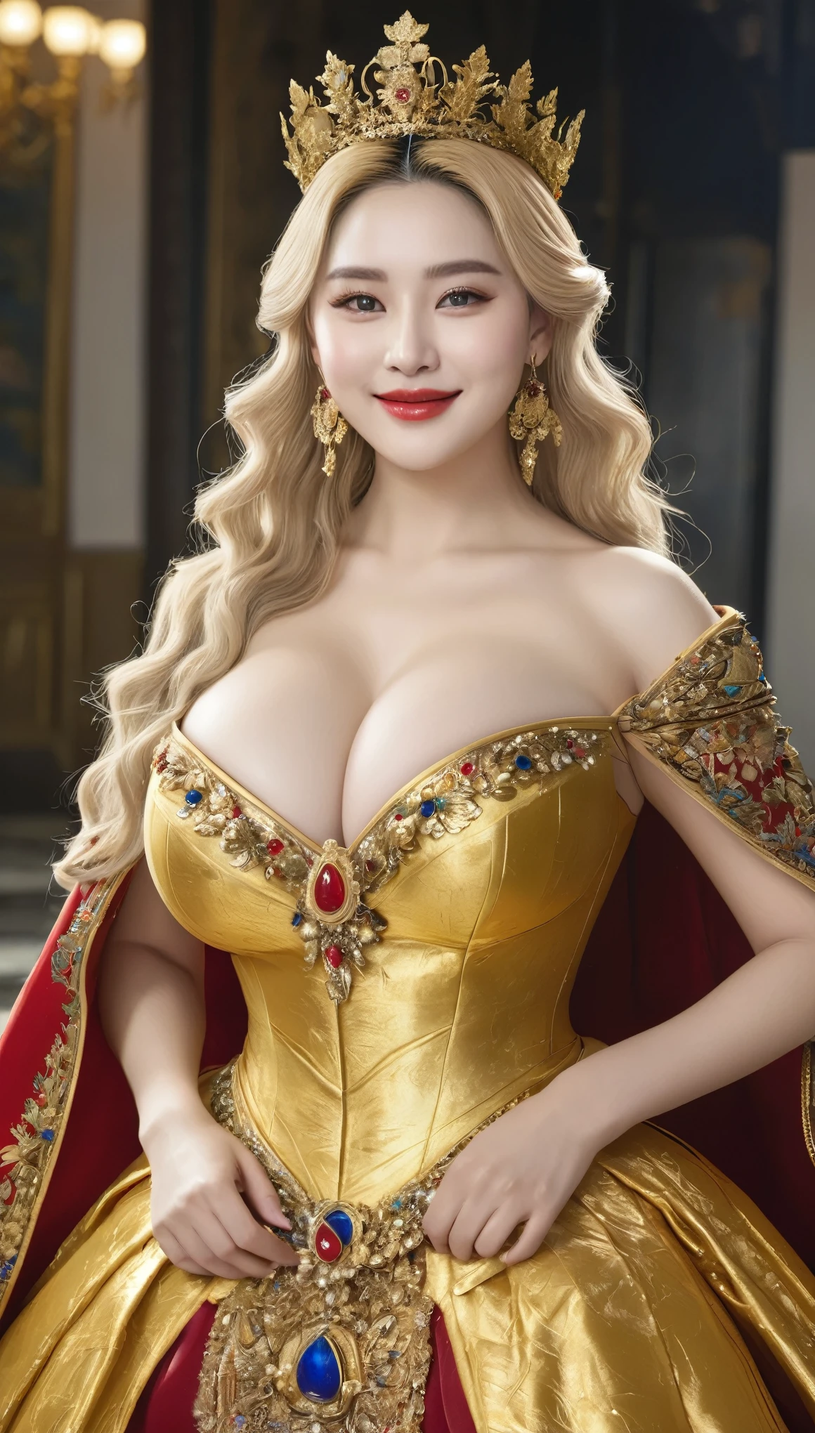 masterpiece,Highest quality,【The great empires of ancient Europe9generation((Queen))】,(Queen_Queen:1),(Gorgeous costumes made with an abundance of gold leaf:1.3), (35歳のQueen:1.3),、【(((Big and ample breasts)))】 (((Big big cleavage)))、【(((Big big big boobs)))】 ,Hyper Real,古代の超巨大帝国のQueen,Beautiful smile、Delicate skin texture to the smallest detail、Detailed blue eyes (Very large breasts)、(キレイな中年Queen)、(Fluffy long blonde hair)、Dense and dense skin texture、【(((Very large breasts)))】、Queen、(((Big big cleavage)))、Costumes richly decorated with gold、Costume with golden decoration、Pure gold and jewellery necklaces and collars、Large gold earrings、Red lips、(((Dressed in a gorgeous golden outfit)))、(((彼女は豪華で華美なpalaceにいる)))、(Queen)、(palace)、
