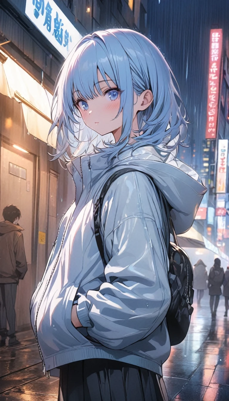 masterpiece, anime girl, short blue hair, light blue eyes, city at night, light rain, shelter, hands in pockets