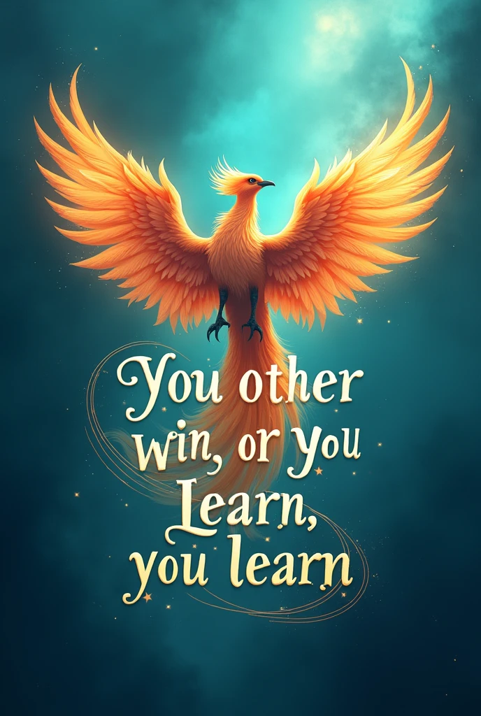 An image that has a text in the center “You either win, or you learn. You never lose.” The background must be in the shade of turquoise, blue, or cyan. The background must also be somehow look magical. The background must include a phoenix. The overall image must be in the shade of turquoise, blue, or cyan. The text must be emphasized with a beautiful font.