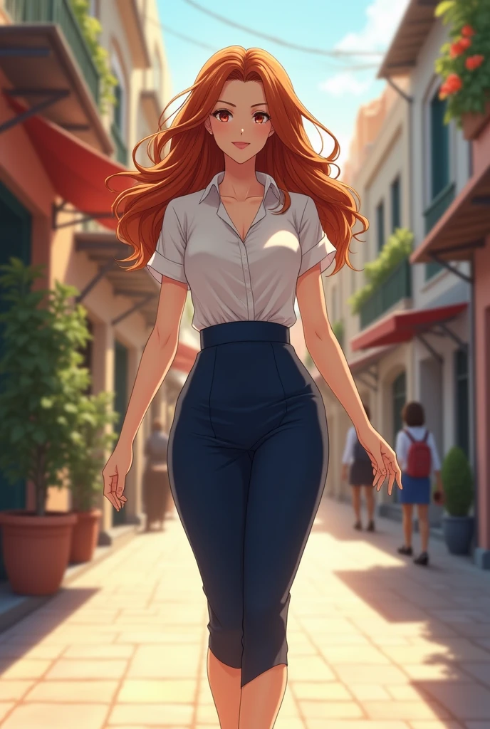 beautiful adult fit anime woman, very long curly auburn hair, white short sleeve blouse, navy blue high waist midi skirt, medium breasts, high heels, walking on the sidewalk, sunny day