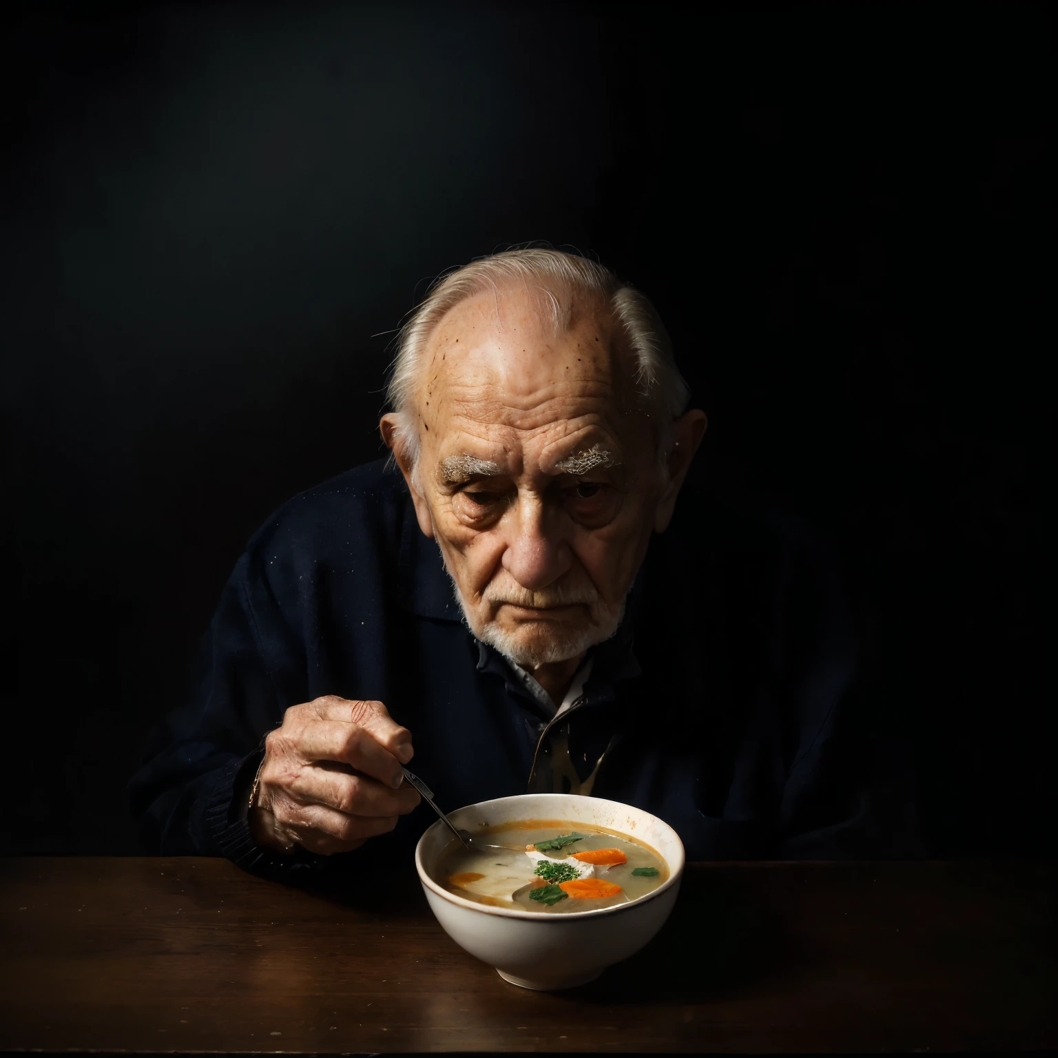 arafed man eating a bowl of Soup with a spoon, Sad man, old man, an 80 year old man, Soup, portrait of hiding the pain harold, fragile, stew, Lt. Ludwik Konarzewski, hunger, by Juan Gimenez, by Morris Kestelman, portrait photo of an old man, un old man