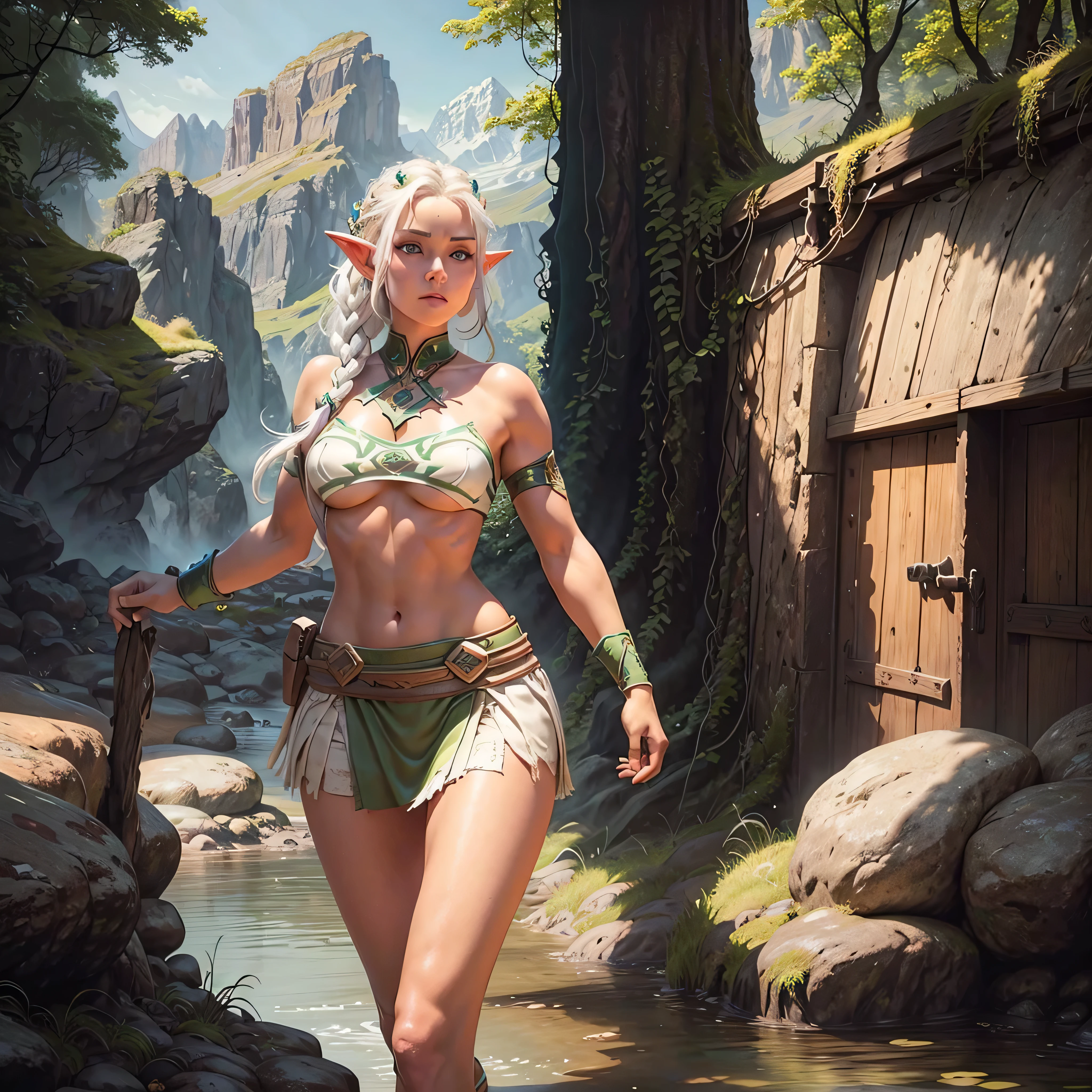 FULL BODY, perfect face, pretty face, elf, 1girl, mountains, white hair, viking top braid, green eyes, brown leather, (skimpy low skirt), bare arms, (bare stomach), (bare pelvis) , bare arms, short brown cloak, dark, gritty