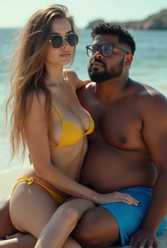 Create a photo of a 30 year old young woman, with long light brown hair with strands of hair on the face, slender and beautiful body, wearing sunglasses, wearing a yellow bikini, with white and clear skin, sitting on the lap of a black teenager, dark-skinned, obese, did, with short hair who is wearing a blue swimsuit and glasses